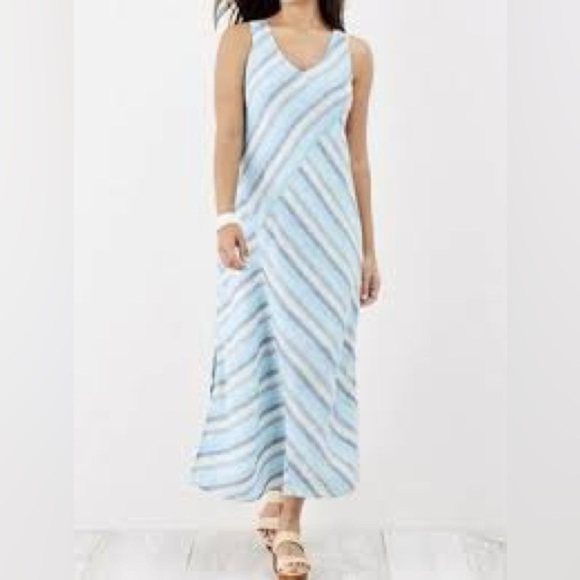 J Jill Liven Linen Lotus Blue Asymmetrical Patchwork Stripe V Neck Maxi Dress - Picture 1 of 9